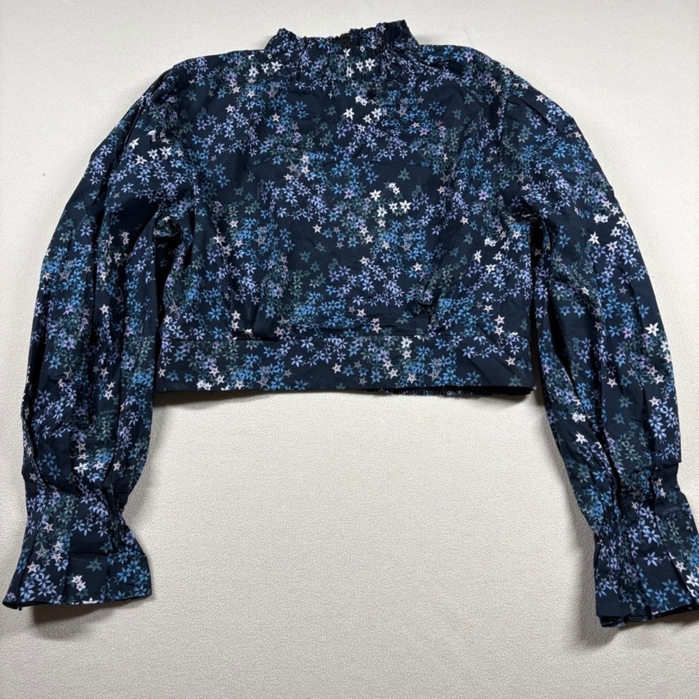 AllSaints Navy Floral Print‎ Luna Asgard Long Puff Sleeve Cropped Top Sz 10